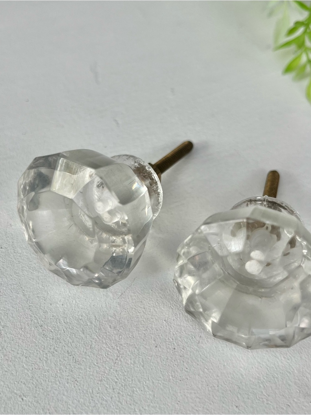 Set of 2 Clear Faceted Glass Cabinet Knobs Round w/ Screws 1.5”
